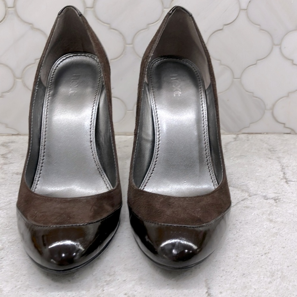 Stylish Next 4” heels in deep chocolate brown suede/patent leather accents